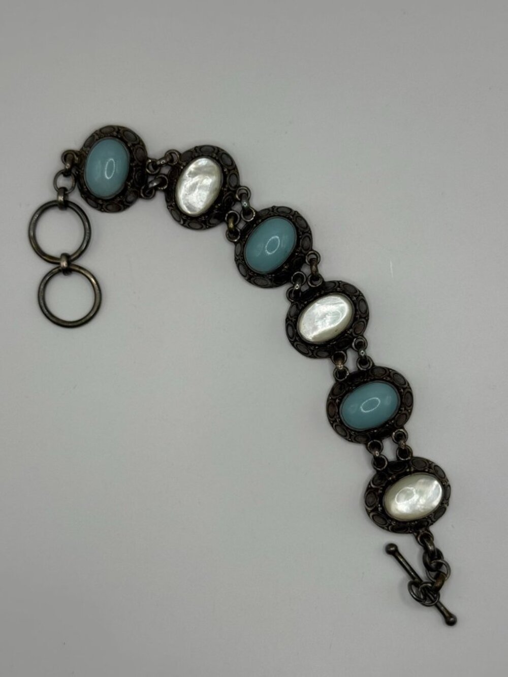 Vintage Sterling Silver 925 Bracelet With Blue & White Stone Cabochons 7.75" Adj